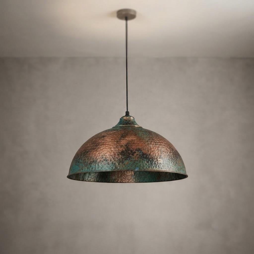 Copper Dome Pendant Light, Blue Green Patina Ceiling Lamp, Handmade Hammered Kitchen Island Fixture, Mediterranean Rustic Hanging Light - Mettlemix