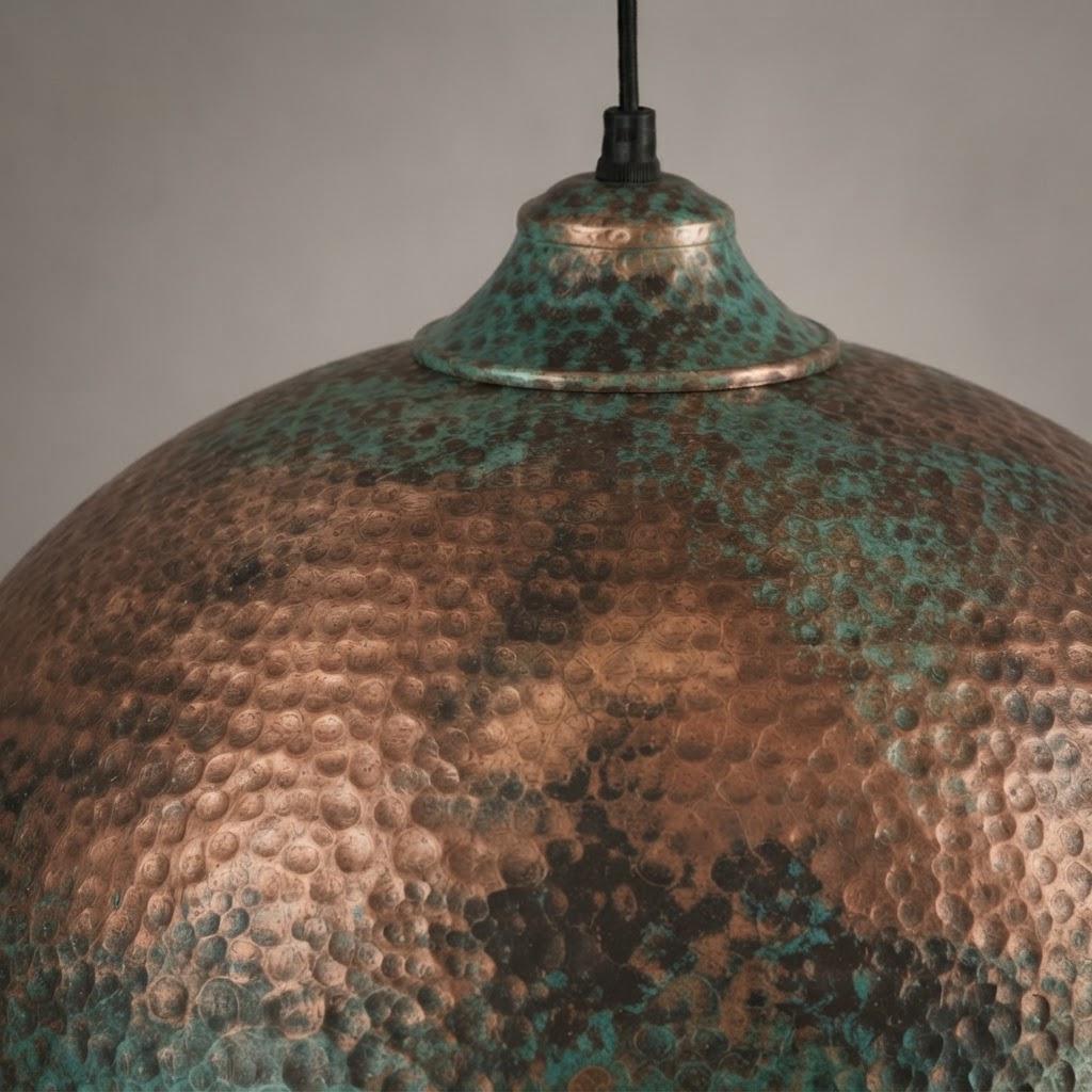 Copper Dome Pendant Light, Blue Green Patina Ceiling Lamp, Handmade Hammered Kitchen Island Fixture, Mediterranean Rustic Hanging Light - Mettlemix