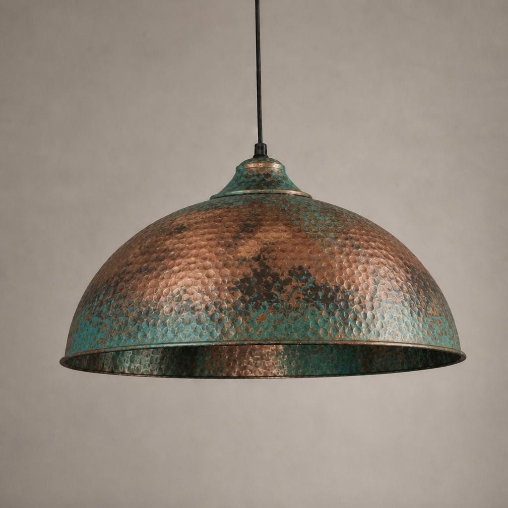 Copper Dome Pendant Light, Blue Green Patina Ceiling Lamp, Handmade Hammered Kitchen Island Fixture, Mediterranean Rustic Hanging Light - Mettlemix