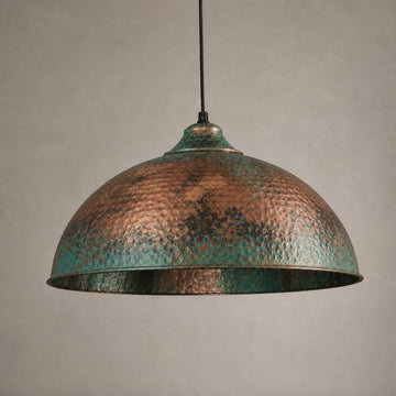 Copper Dome Pendant Light, Blue Green Patina Ceiling Lamp, Handmade Hammered Kitchen Island Fixture, Mediterranean Rustic Hanging Light - Mettlemix