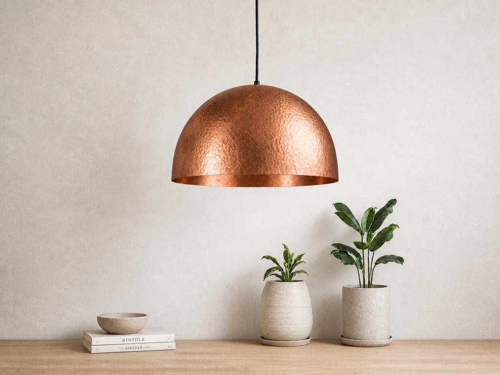 Copper Dome Pendant Light, Hammered Rose Copper Ceiling Lamp, Handmade Kitchen Island Fixture, Modern Boho Farmhouse Dining Hanging Light - Mettlemix
