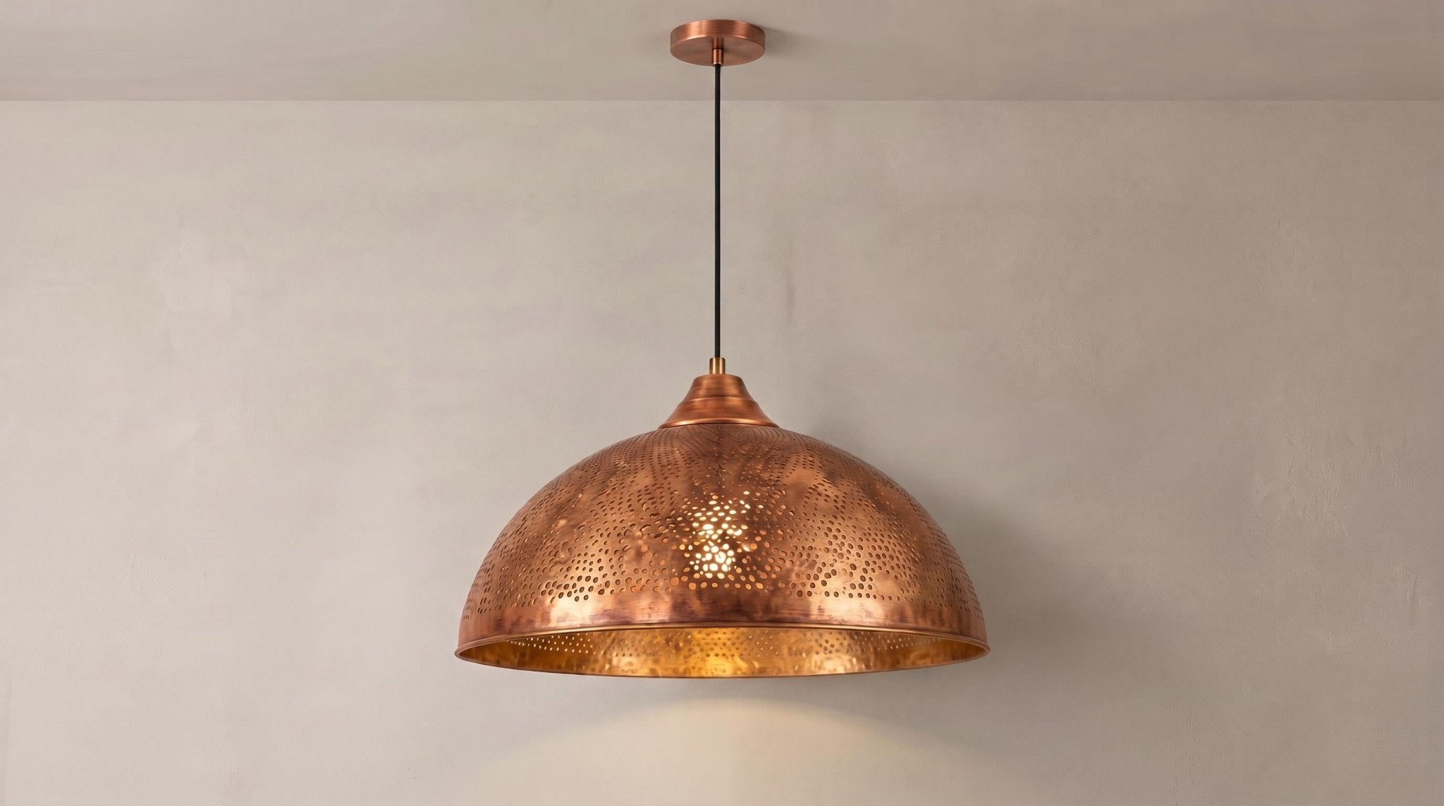 Copper Pendant Light, Solid Copper Dome Ceiling Lamp, Handmade Perforated Kitchen Island Fixture, Rustic Farmhouse Hanging Light - Mettlemix