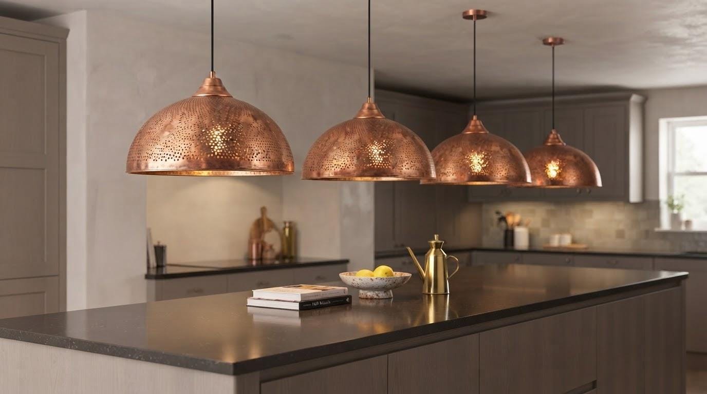 Copper Pendant Light, Solid Copper Dome Ceiling Lamp, Handmade Perforated Kitchen Island Fixture, Rustic Farmhouse Hanging Light - Mettlemix