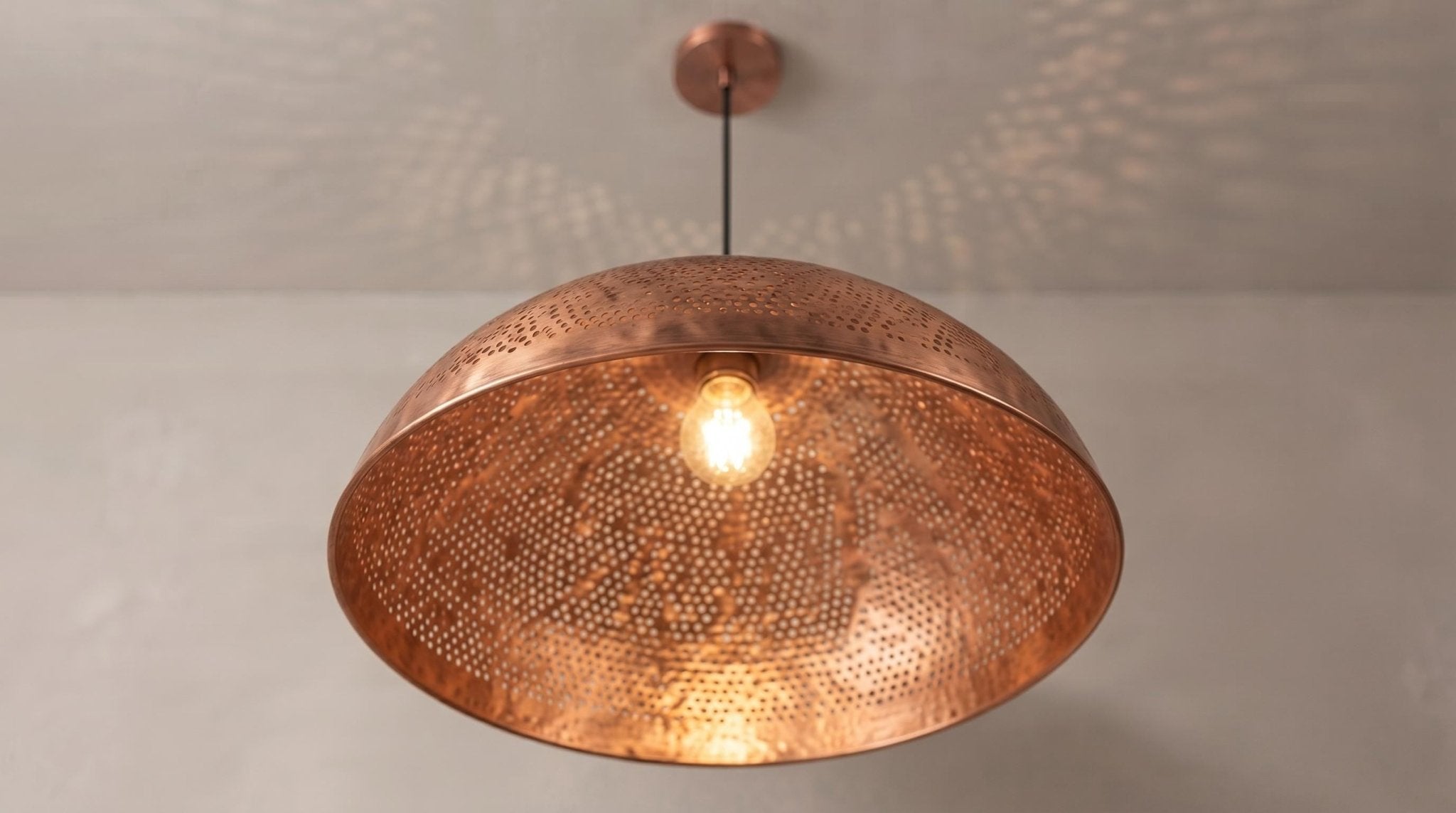 Copper Pendant Light, Solid Copper Dome Ceiling Lamp, Handmade Perforated Kitchen Island Fixture, Rustic Farmhouse Hanging Light - Mettlemix