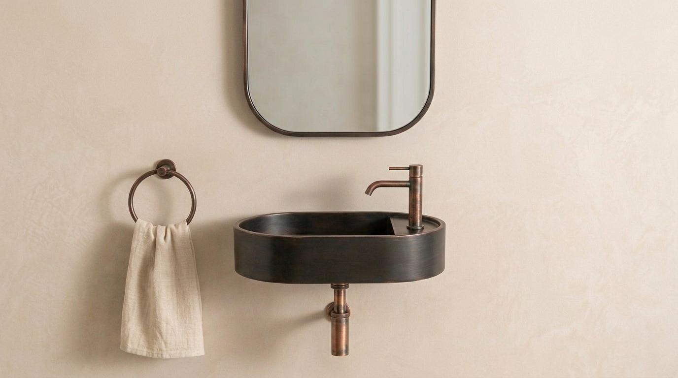 Copper Vessel Sink, Floating Wall Mount Washbasin - Oil Rubbed Bronze Basin, Smooth Powder Room Sink, Industrial Bath Decor - Mettlemix