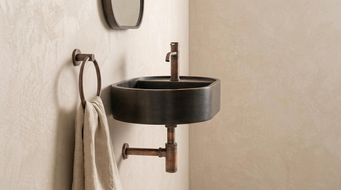 Copper Vessel Sink, Floating Wall Mount Washbasin - Oil Rubbed Bronze Basin, Smooth Powder Room Sink, Industrial Bath Decor - Mettlemix