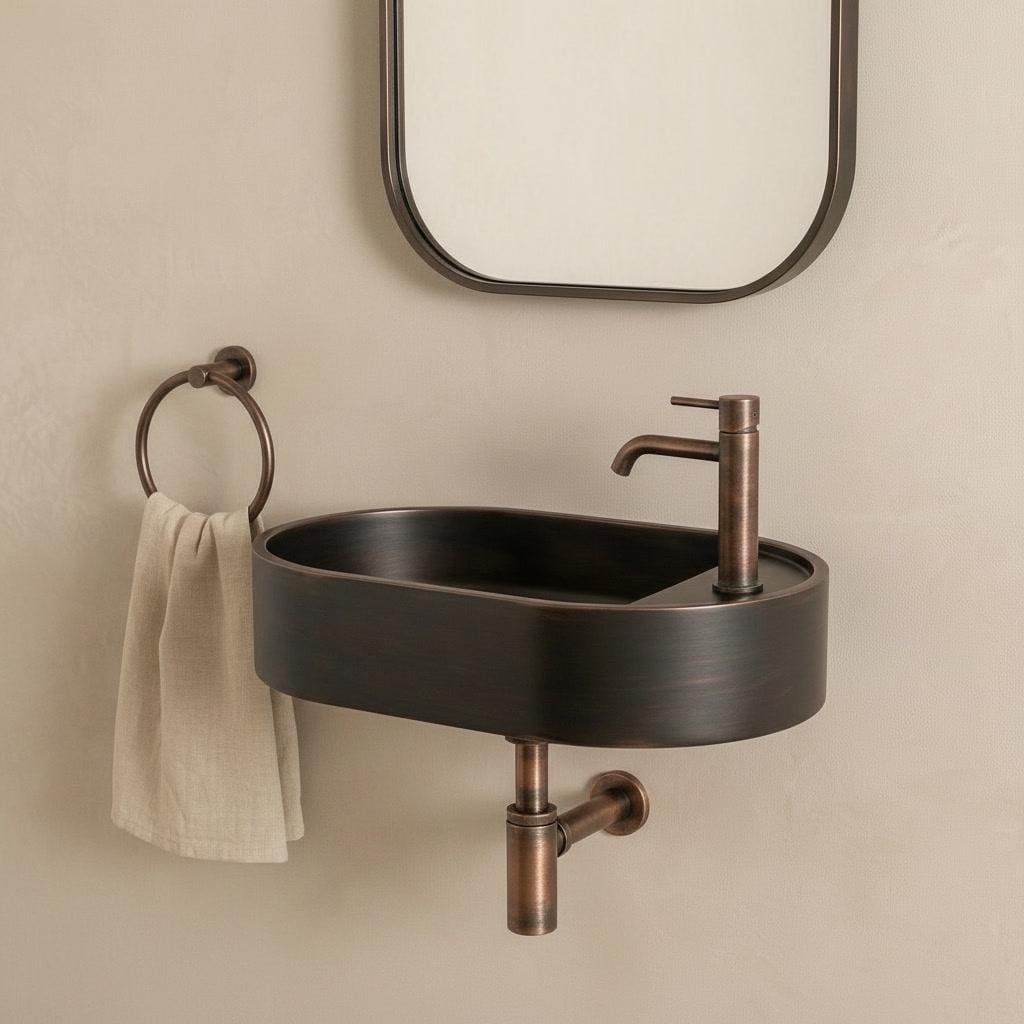 Copper Vessel Sink, Floating Wall Mount Washbasin - Oil Rubbed Bronze Basin, Smooth Powder Room Sink, Industrial Bath Decor - Mettlemix