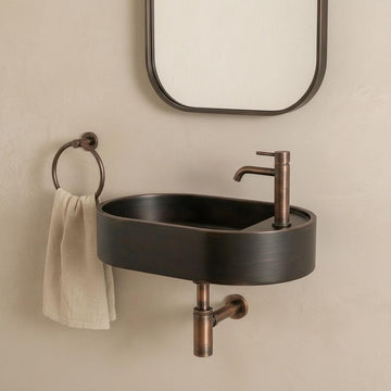 Copper Vessel Sink, Floating Wall Mount Washbasin - Oil Rubbed Bronze Basin, Smooth Powder Room Sink, Industrial Bath Decor - Mettlemix
