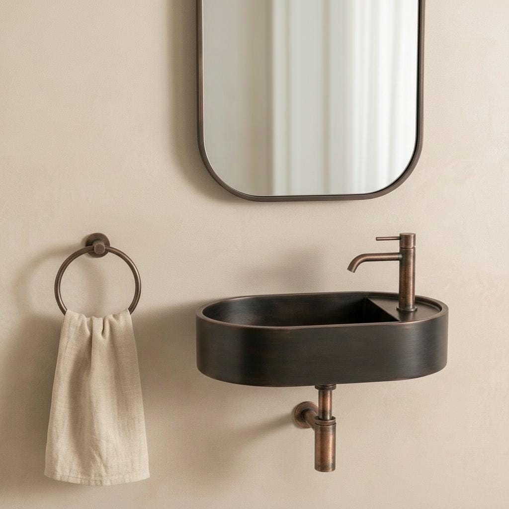 Copper Vessel Sink, Floating Wall Mount Washbasin - Oil Rubbed Bronze Basin, Smooth Powder Room Sink, Industrial Bath Decor - Mettlemix