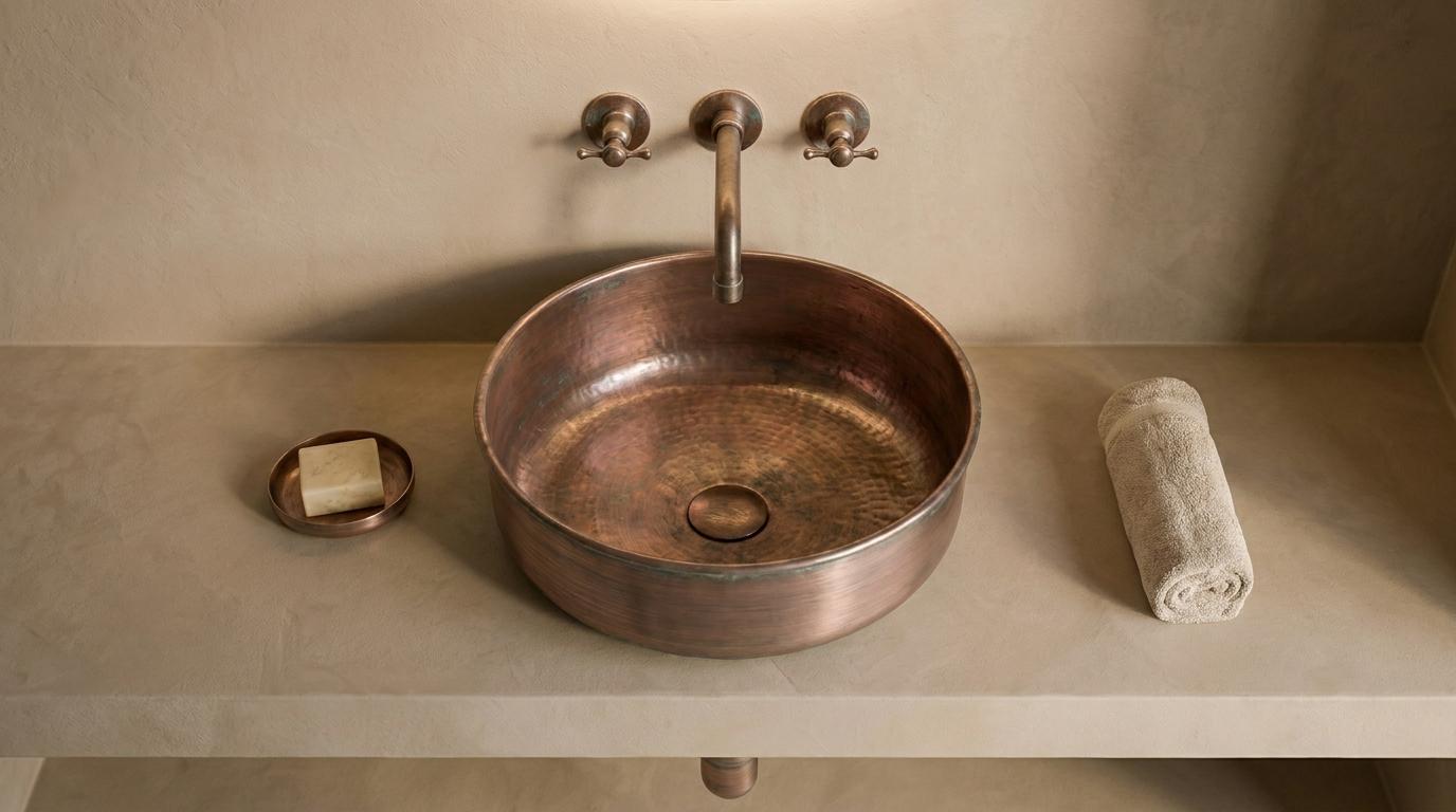 copper Vessel Sink, Round copper Bathroom Sink, Modern Countertop Vanity Basin, Handmade Solid copper Wash Basin,Moroccan Style Wash Basin - Mettlemix