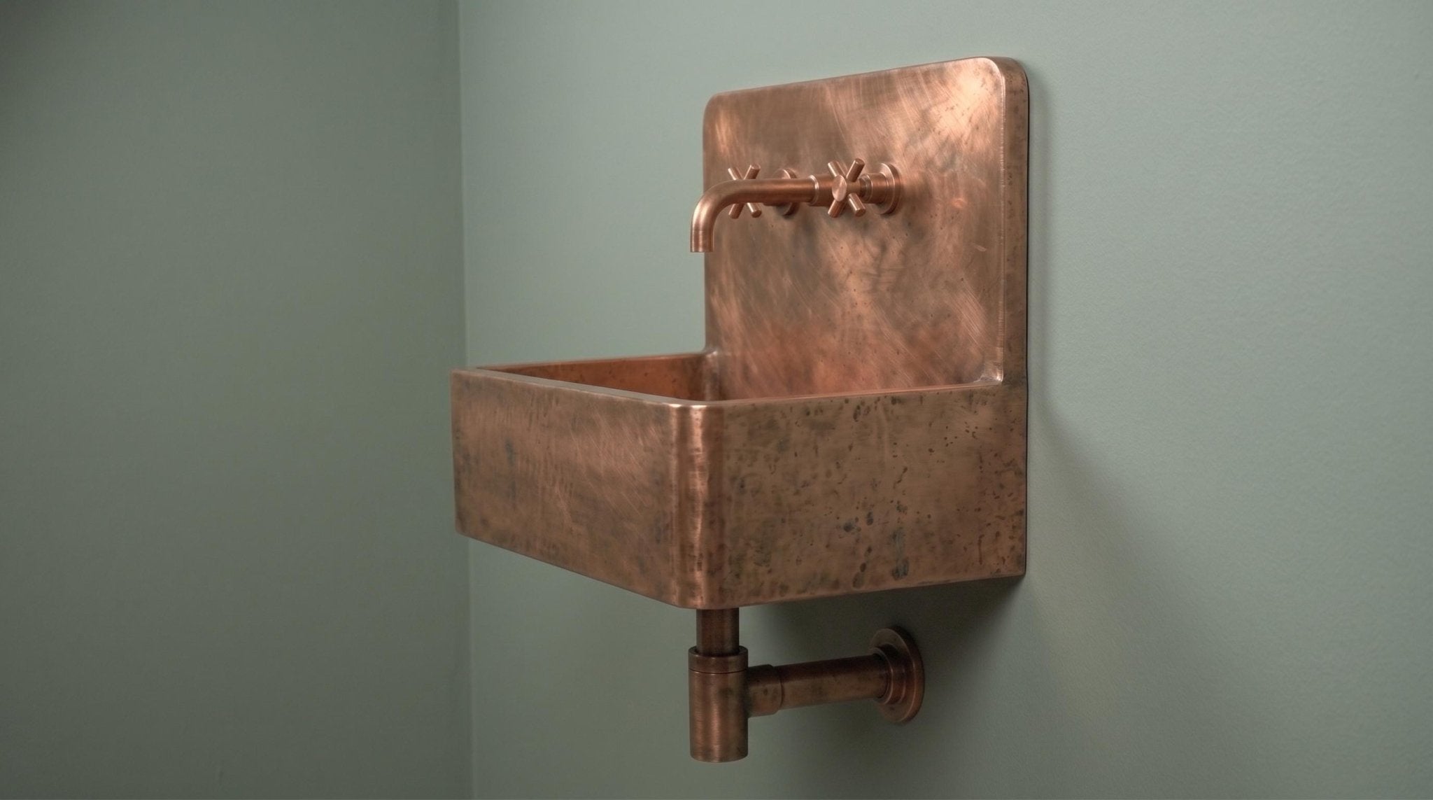 Copper Wall Mount Basin, Antique Brass Floating Sink, Smooth Rectangular Vanity Washbowl, Vintage Industrial Lavatory - Mettlemix