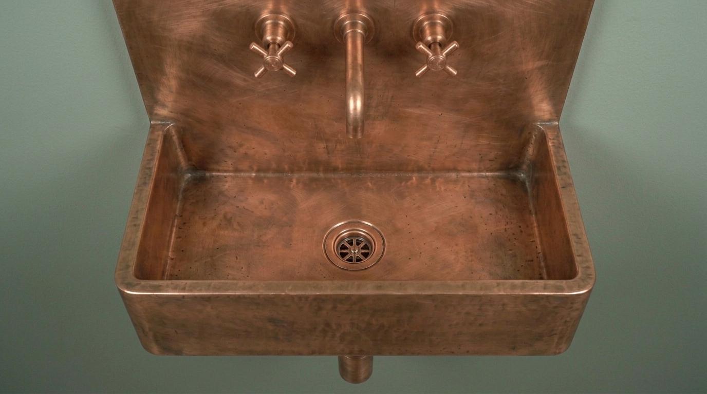 Copper Wall Mount Basin, Antique Brass Floating Sink, Smooth Rectangular Vanity Washbowl, Vintage Industrial Lavatory - Mettlemix