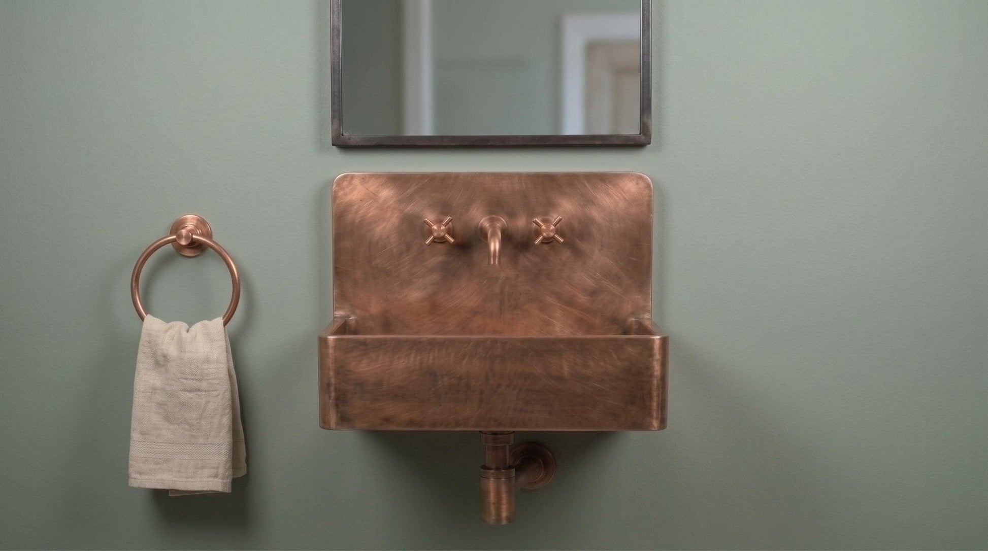 Copper Wall Mount Basin, Antique Brass Floating Sink, Smooth Rectangular Vanity Washbowl, Vintage Industrial Lavatory - Mettlemix