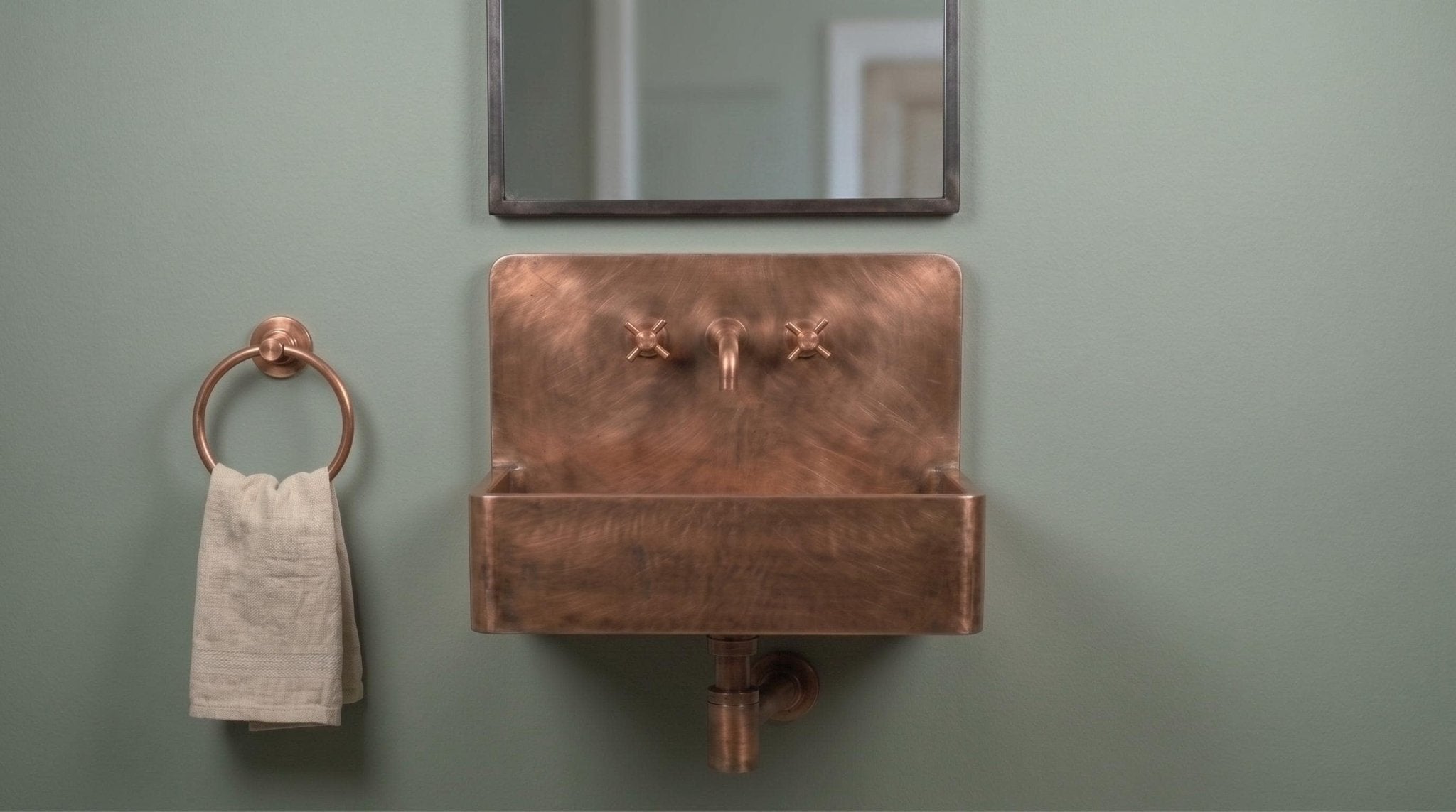 Copper Wall Mount Basin, Antique Brass Floating Sink, Smooth Rectangular Vanity Washbowl, Vintage Industrial Lavatory - Mettlemix