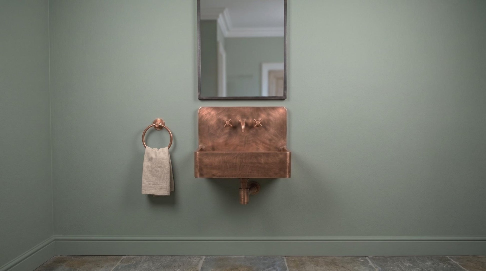 Copper Wall Mount Basin, Antique Brass Floating Sink, Smooth Rectangular Vanity Washbowl, Vintage Industrial Lavatory - Mettlemix