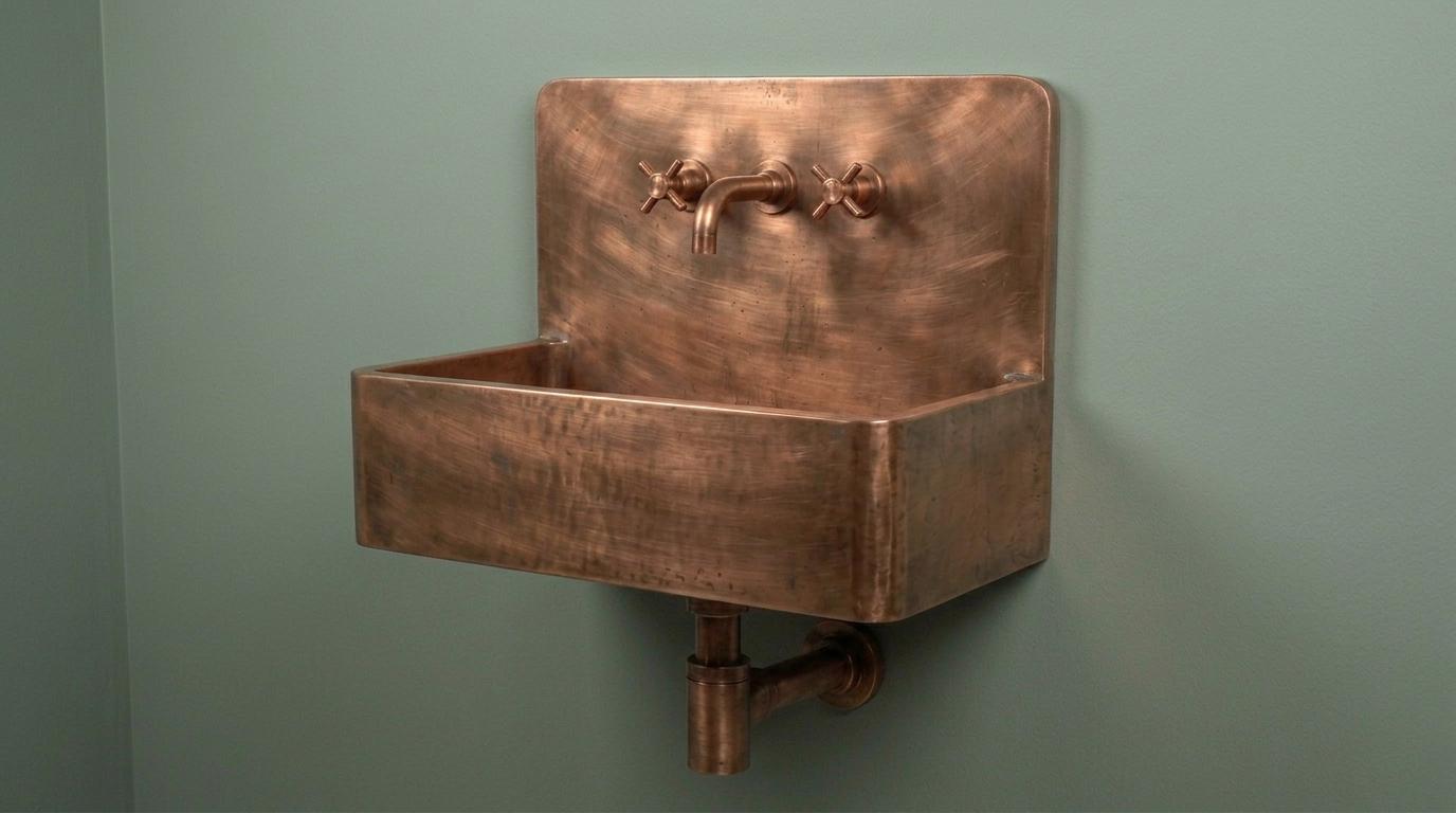 Copper Wall Mount Basin, Antique Brass Floating Sink, Smooth Rectangular Vanity Washbowl, Vintage Industrial Lavatory - Mettlemix