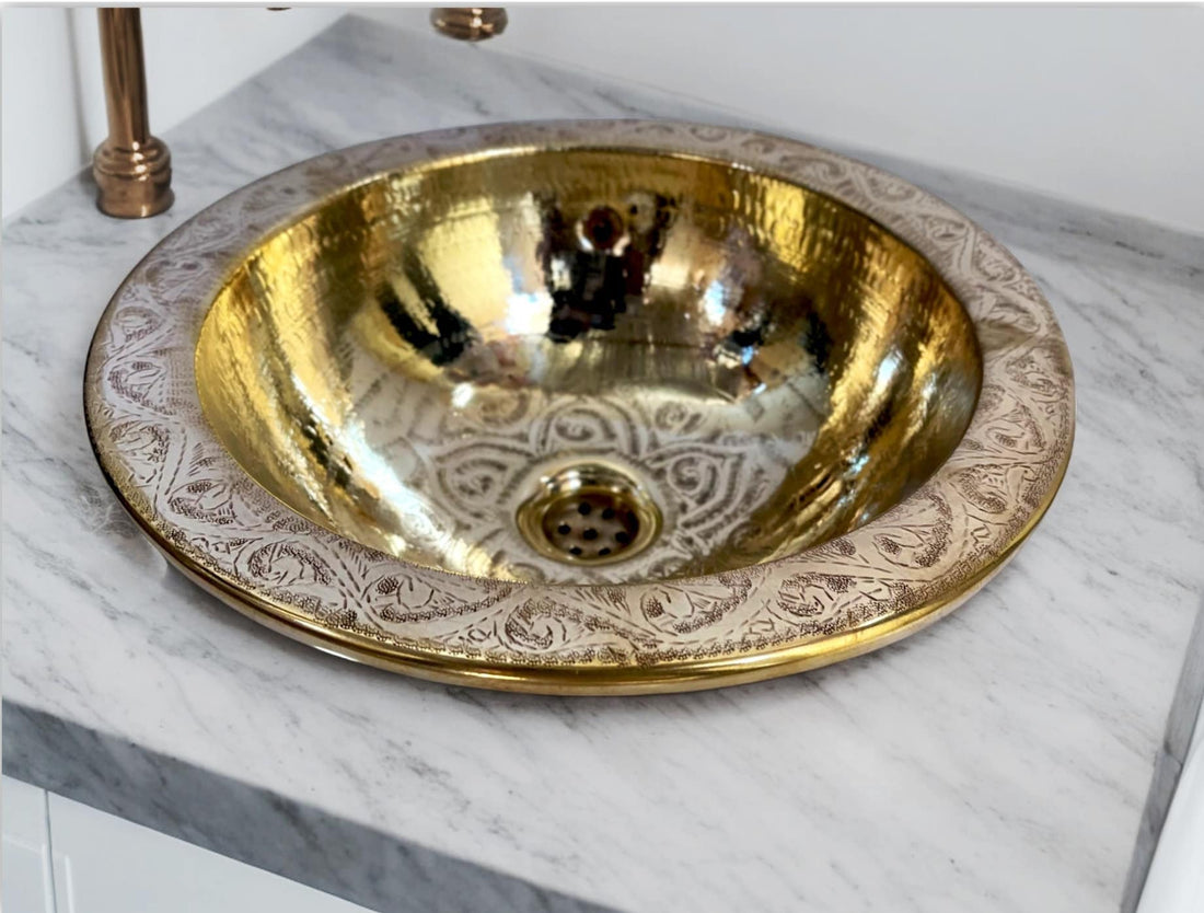 Custom Engraved Brushed Brass Sink - Round Unlacquered Bathroom Basin - Mettlemix