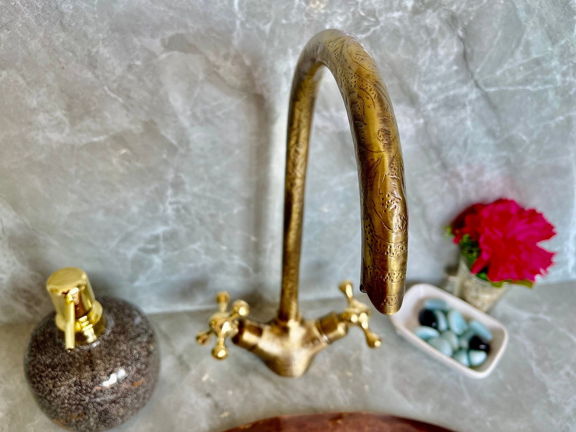 Engraved Unlacquered Brass Gooseneck Faucet - Single Hole Tap - Mettlemix