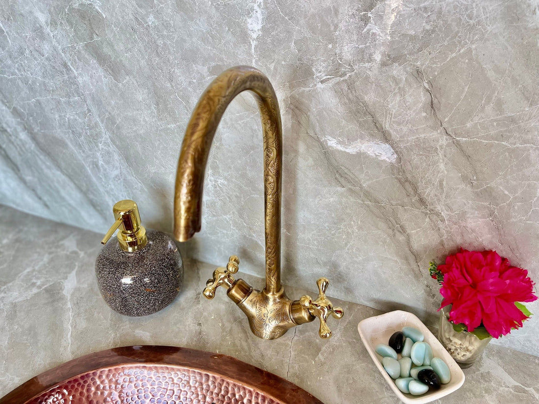 Engraved Unlacquered Brass Gooseneck Faucet - Single Hole Tap - Mettlemix