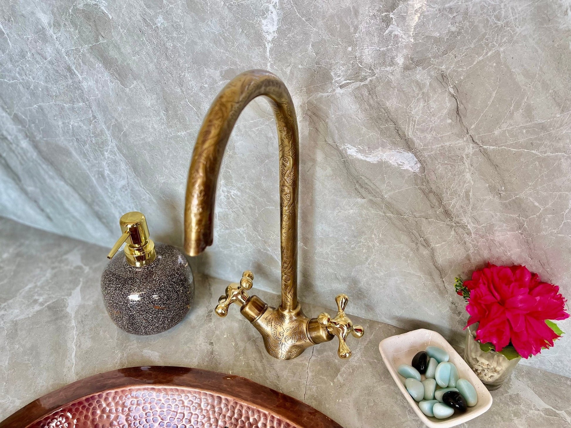 Engraved Unlacquered Brass Gooseneck Faucet - Single Hole Tap - Mettlemix