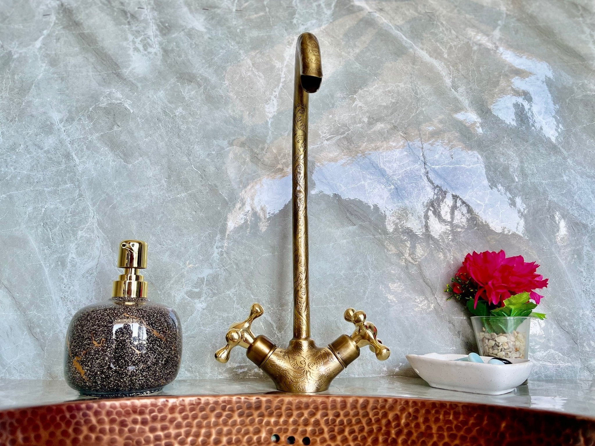 Engraved Unlacquered Brass Gooseneck Faucet - Single Hole Tap - Mettlemix