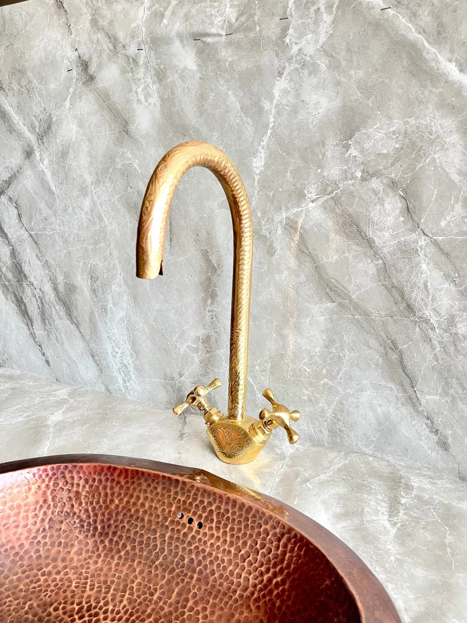 Engraved Unlacquered Brass Kitchen Faucet - Single Hole Gold Tap - Mettlemix