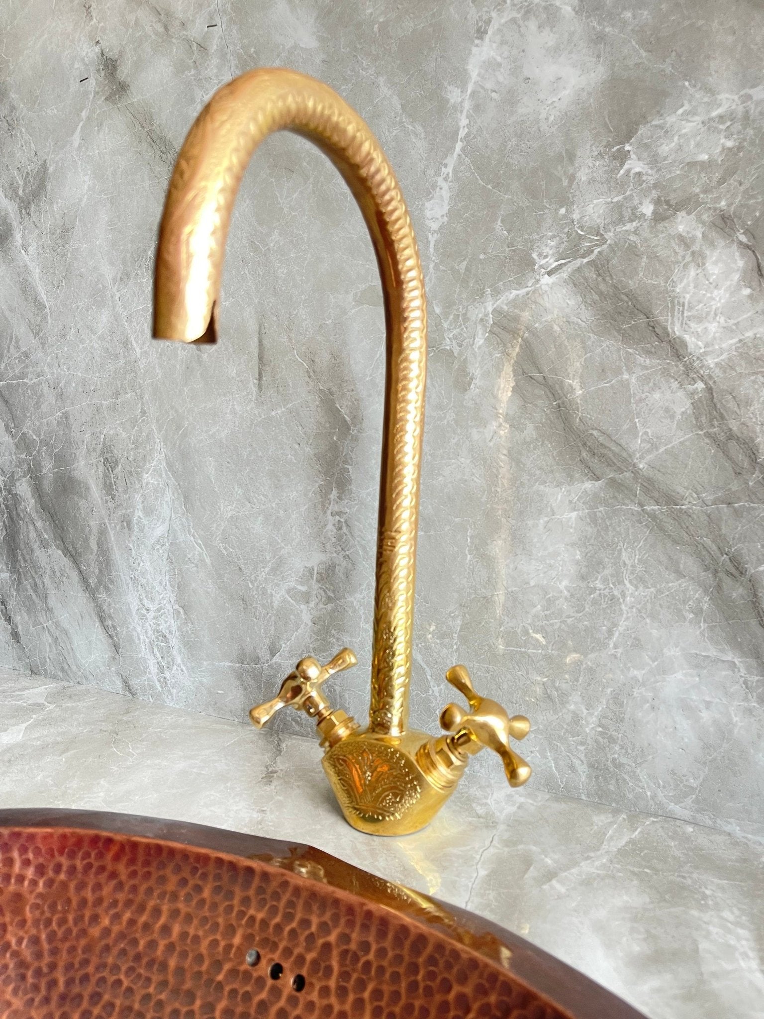 Engraved Unlacquered Brass Kitchen Faucet - Single Hole Gold Tap - Mettlemix