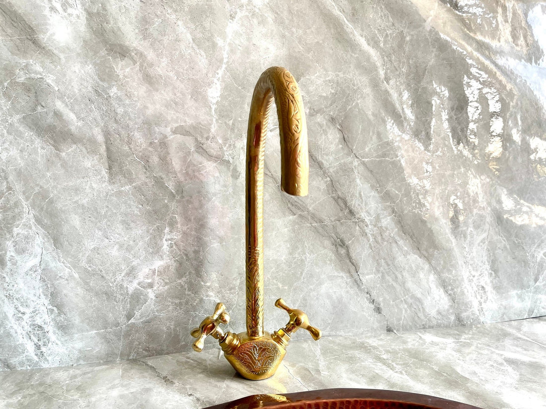 Engraved Unlacquered Brass Kitchen Faucet - Single Hole Gold Tap - Mettlemix