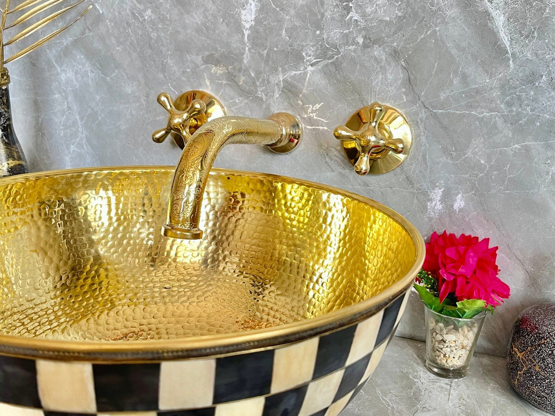 Engraved Unlacquered Brass Wall Mount Faucet - Cross Handle Set - Mettlemix