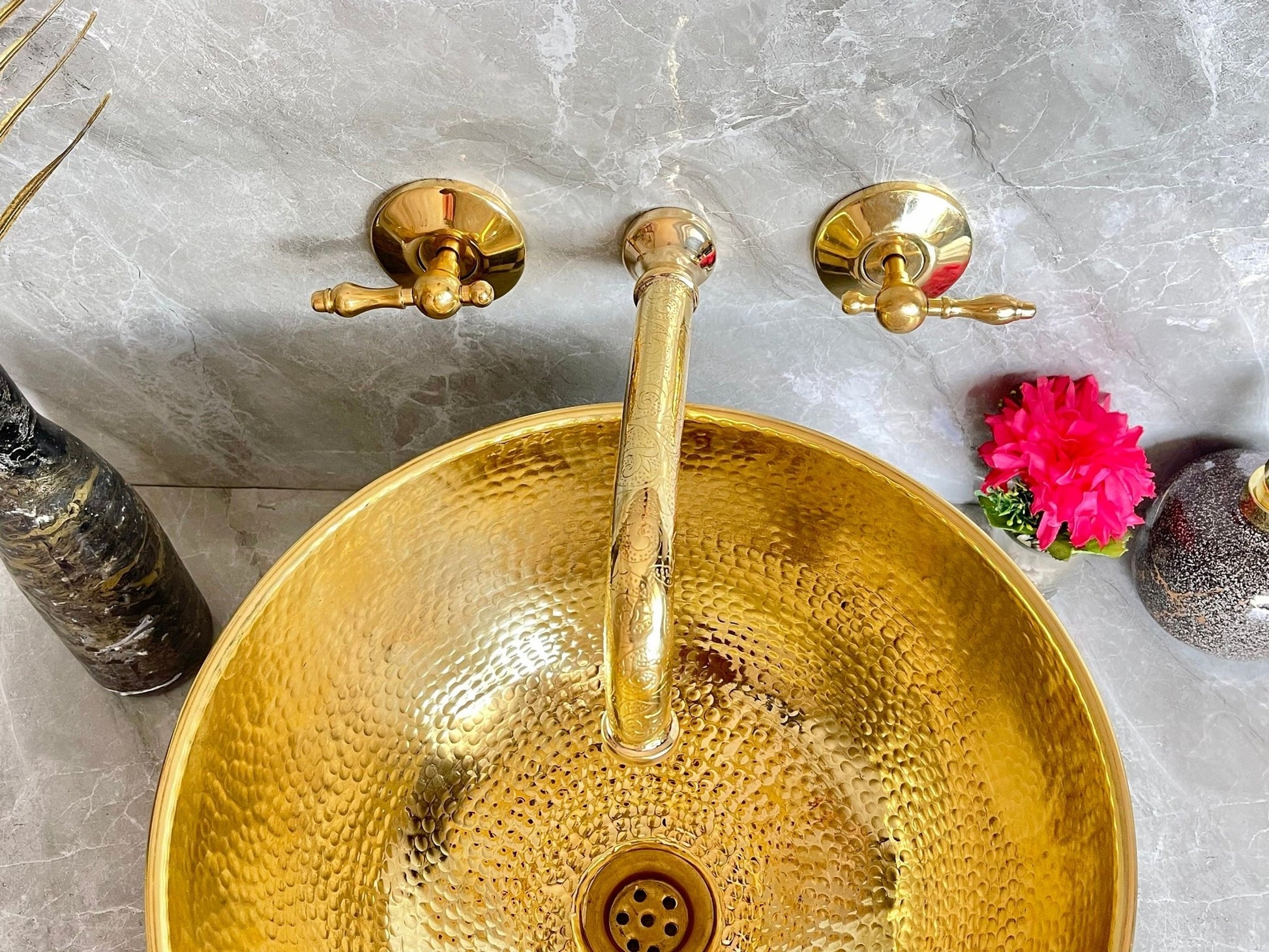 Engraved Unlacquered Brass Wall Mount Faucet - Cross Handle Set - Mettlemix