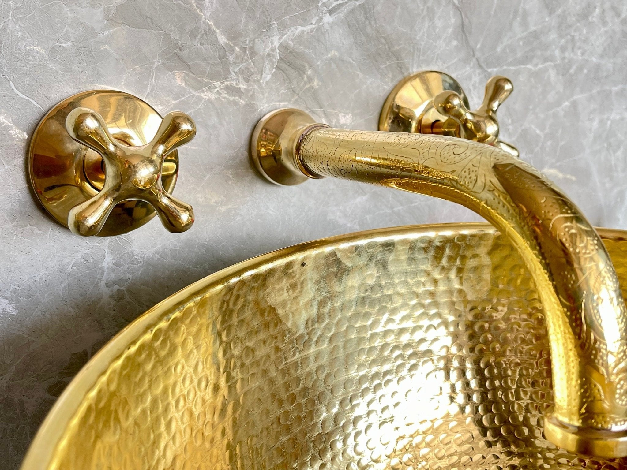 Engraved Unlacquered Brass Wall Mount Faucet - Cross Handle Set - Mettlemix