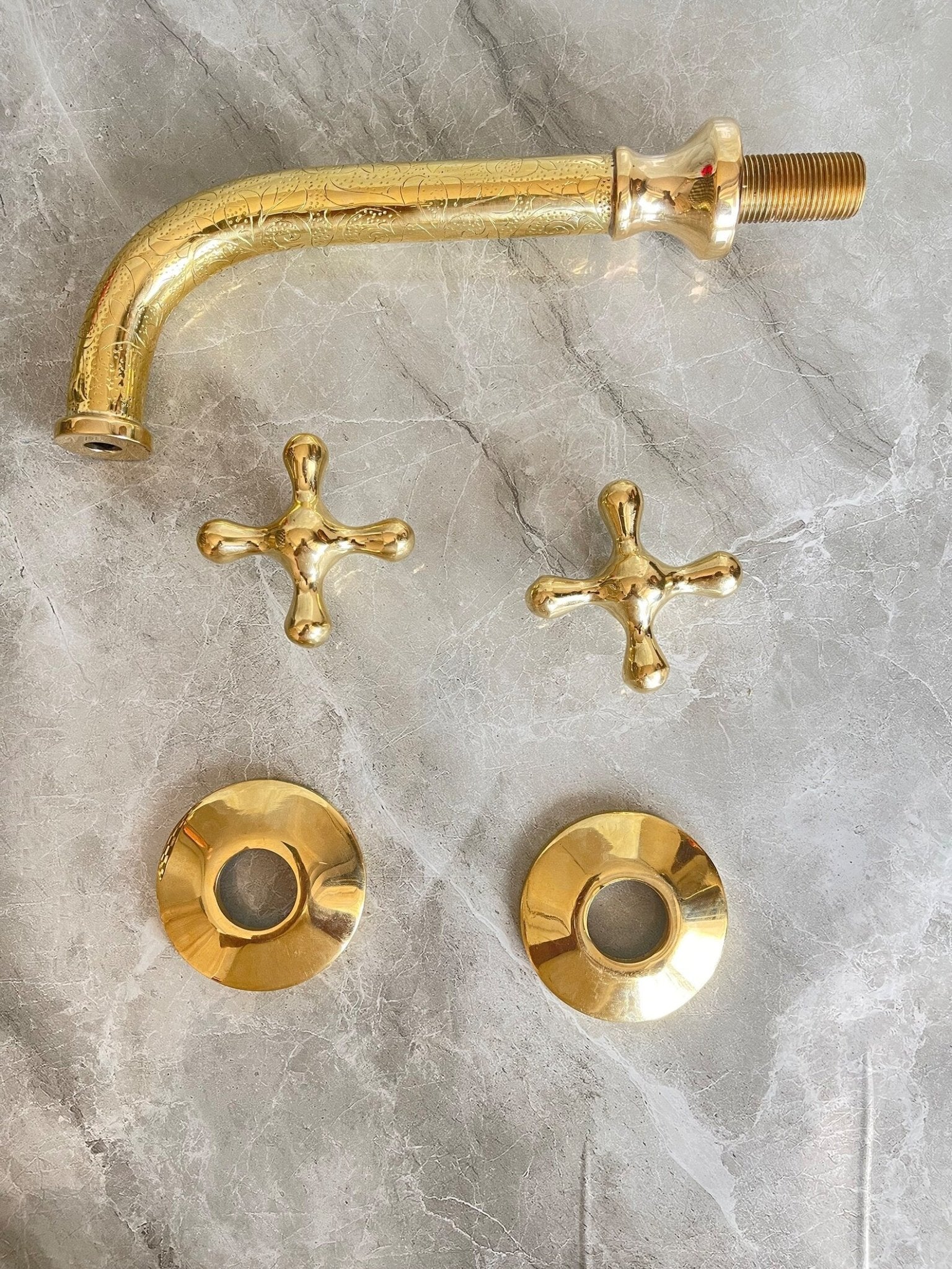 Engraved Unlacquered Brass Wall Mount Faucet - Cross Handle Set - Mettlemix