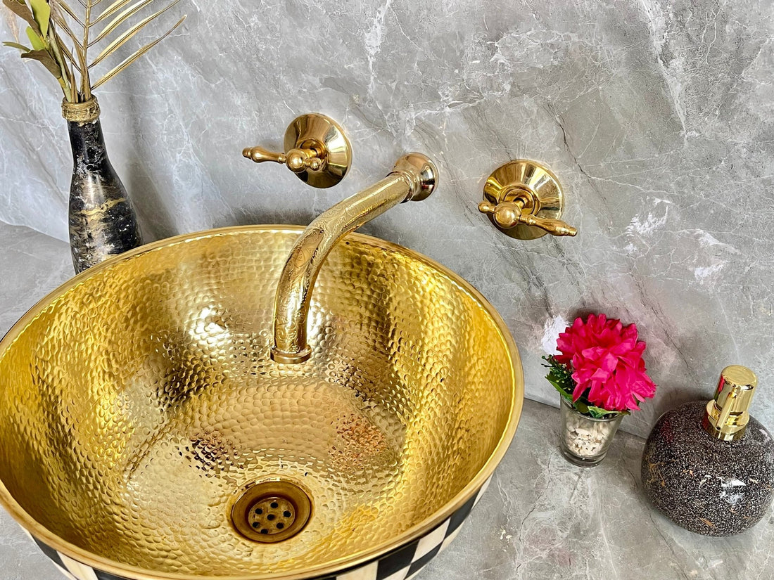 Engraved Unlacquered Brass Wall Mount Faucet - Cross Handle Set - Mettlemix
