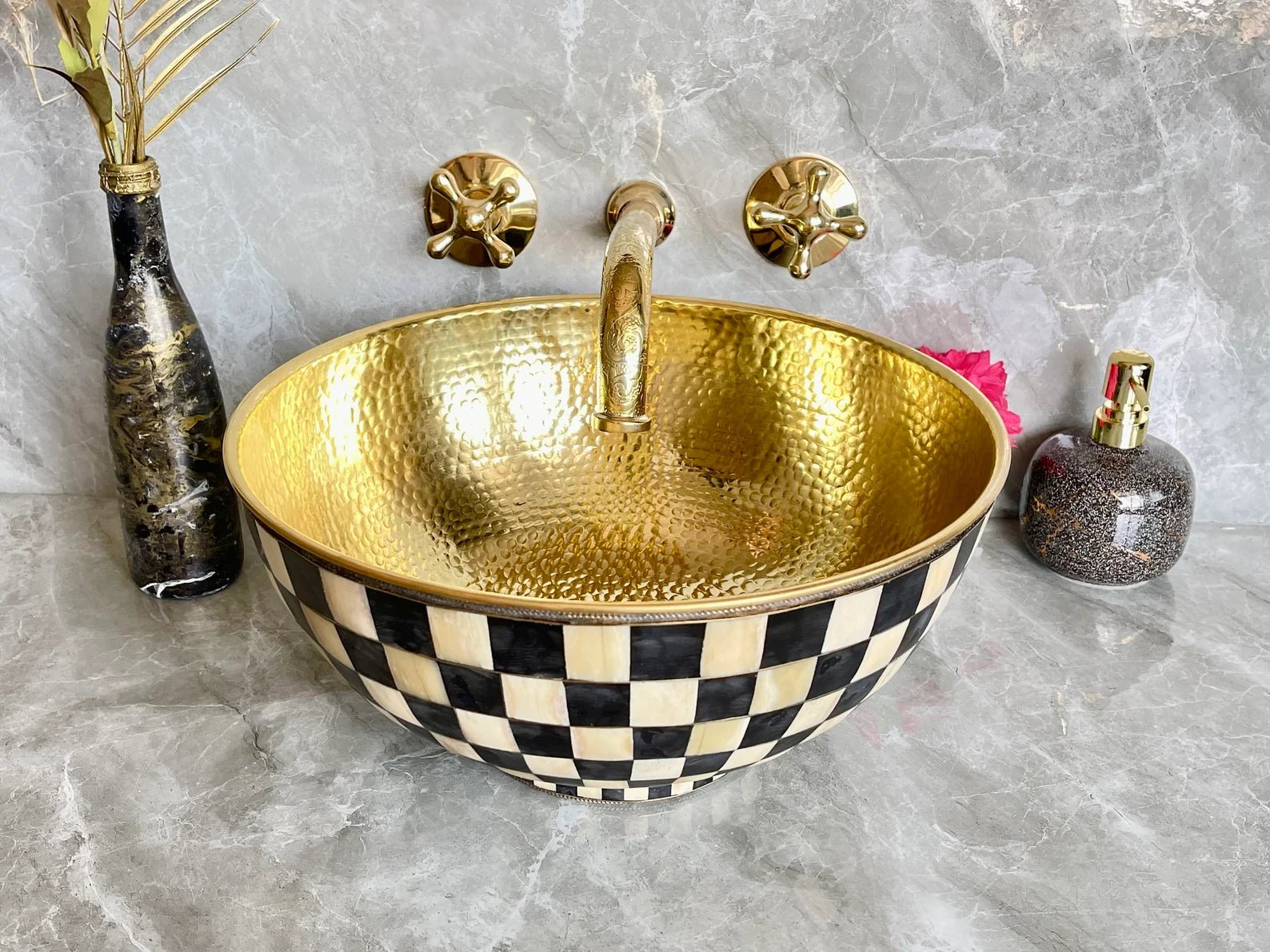 Engraved Unlacquered Brass Wall Mount Faucet - Cross Handle Set - Mettlemix
