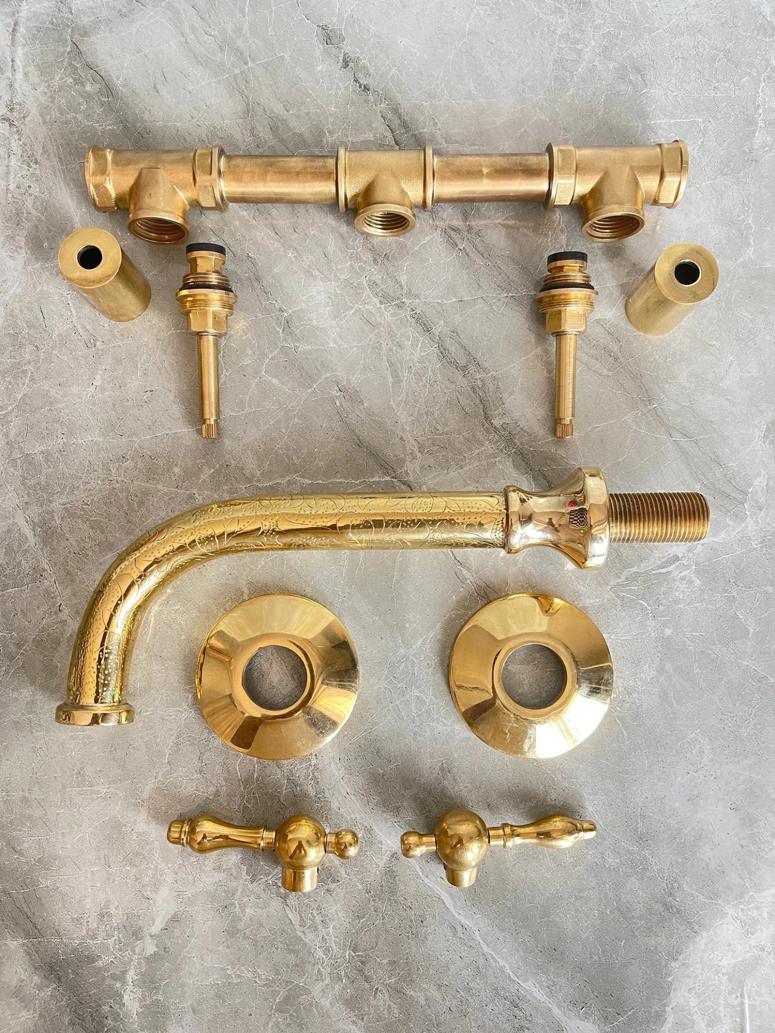 Engraved Unlacquered Brass Wall Mount Faucet - Cross Handle Set - Mettlemix
