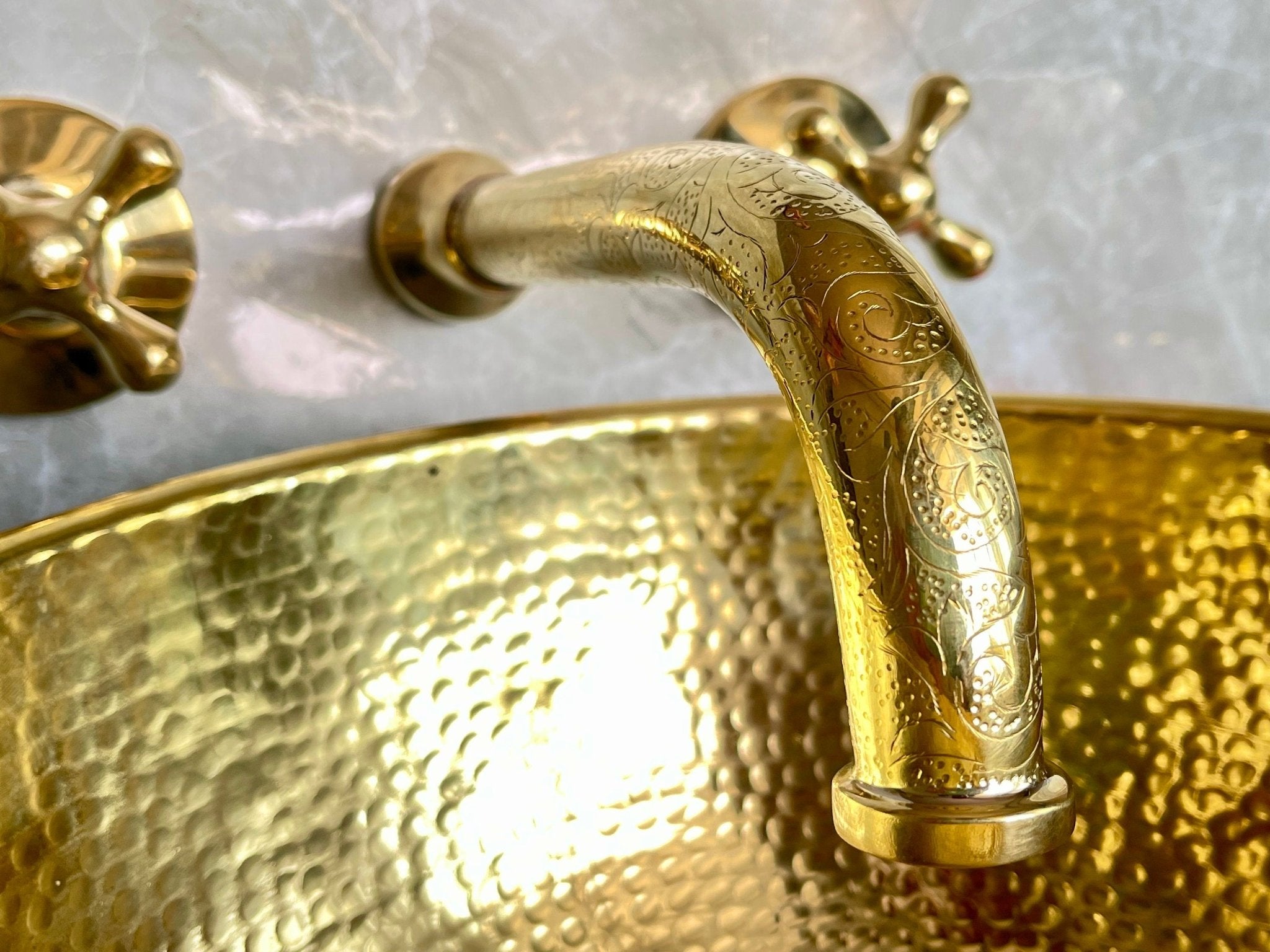 Engraved Unlacquered Brass Wall Mount Faucet - Cross Handle Set - Mettlemix