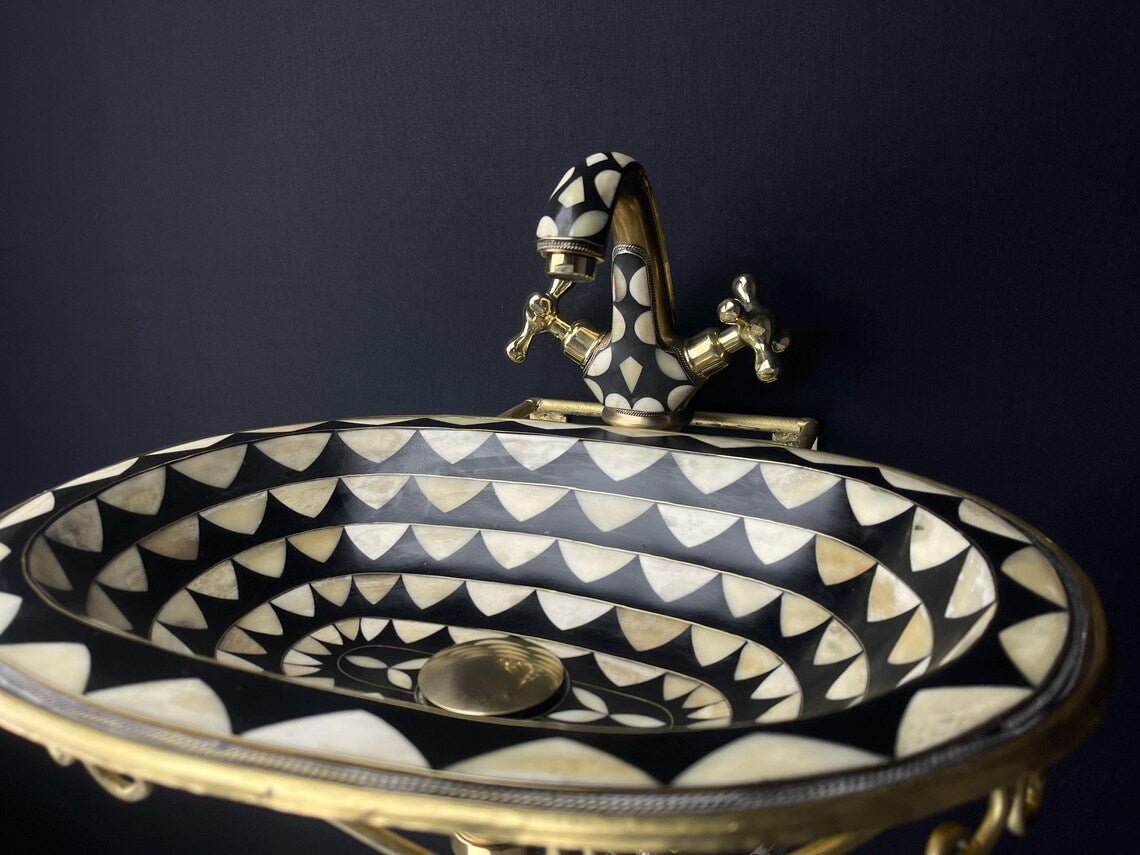 Geometric Bone Inlay Brass Sink Set - Unlacquered Brass & Black Resin - Mettlemix