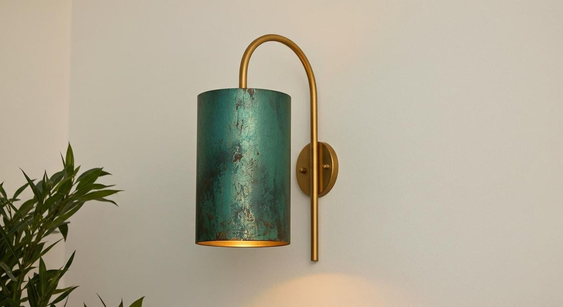 Green Patina Brass Cylinder Wall Sconce - Curved Arm Light - Mettlemix