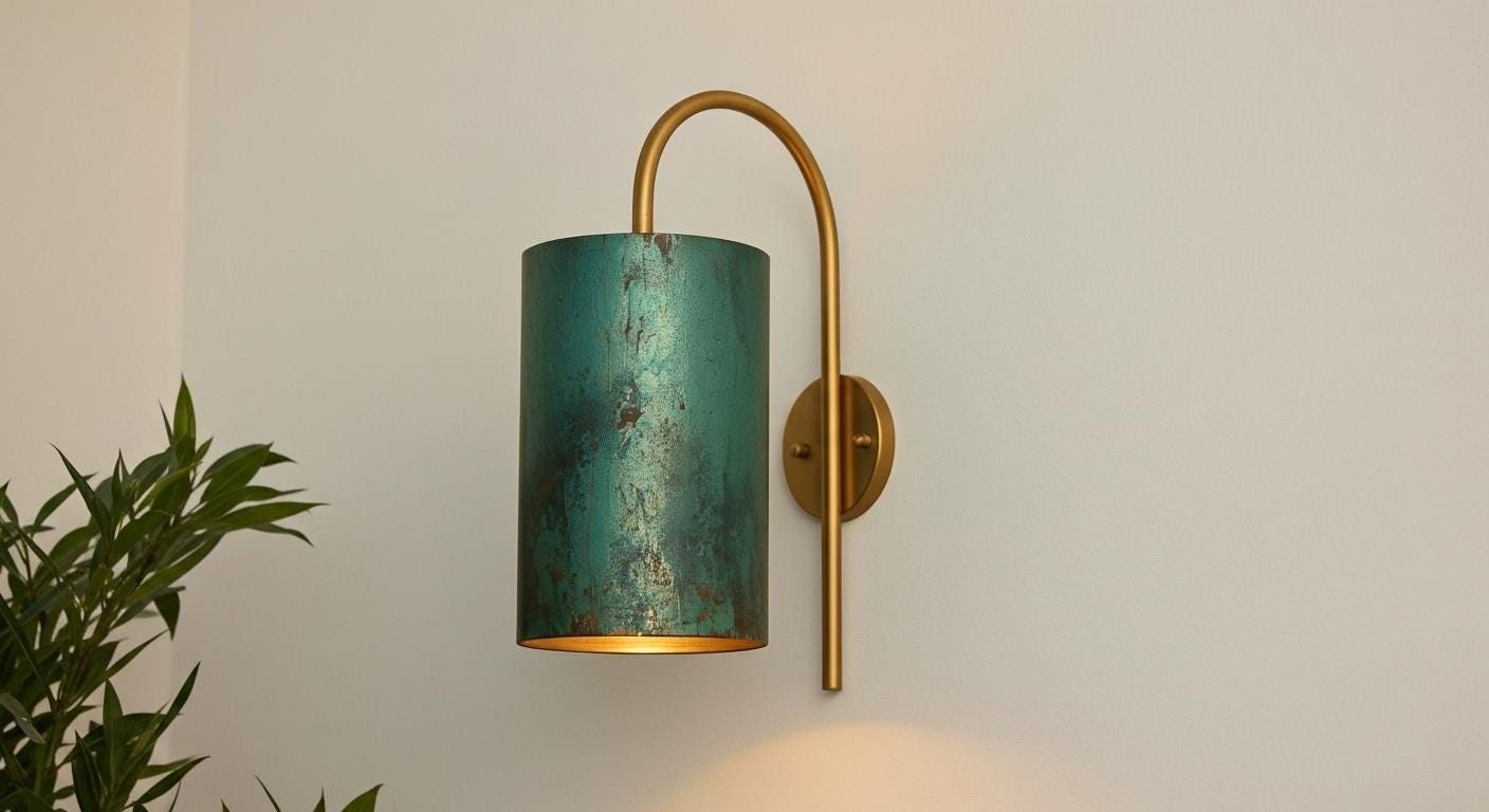 Green Patina Brass Cylinder Wall Sconce - Curved Arm Light - Mettlemix