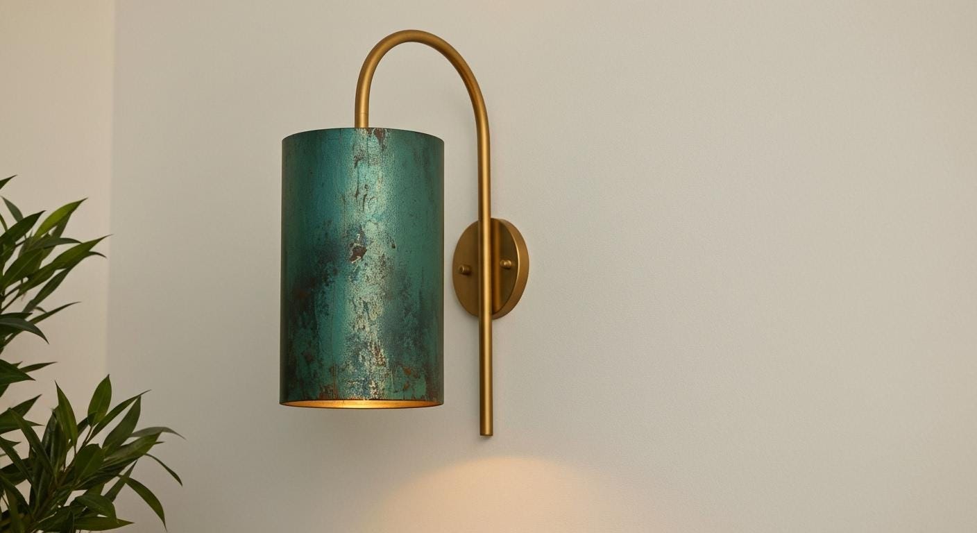 Green Patina Brass Cylinder Wall Sconce - Curved Arm Light - Mettlemix
