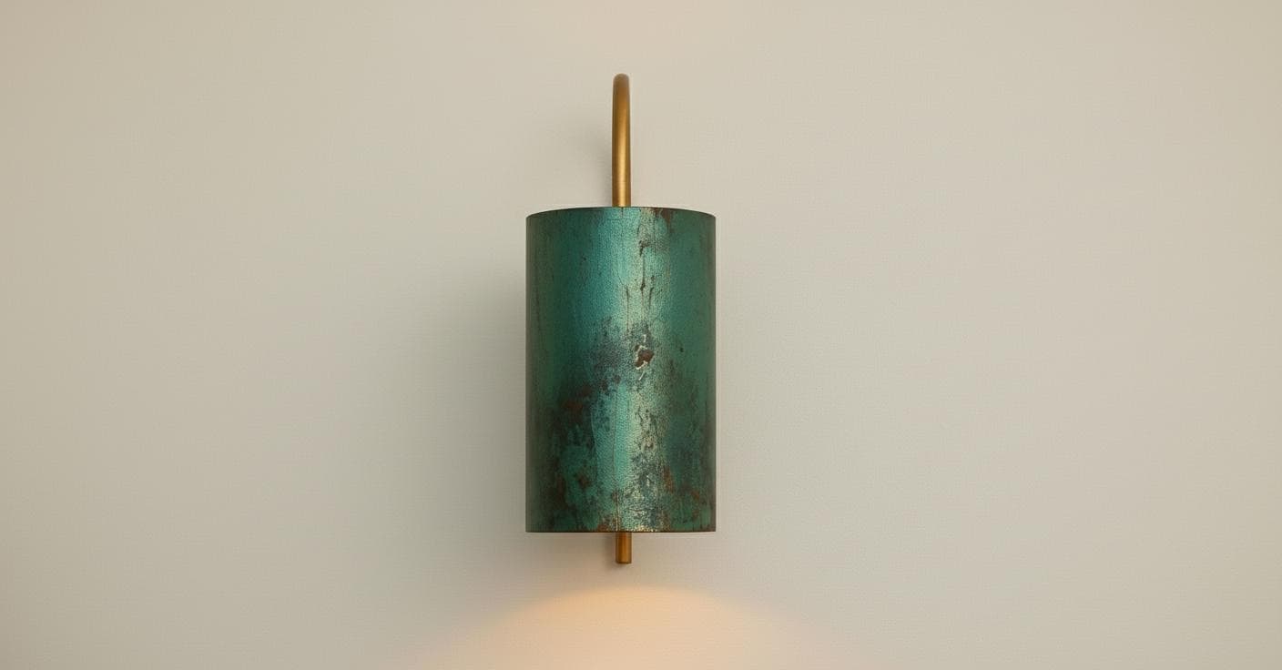 Green Patina Brass Cylinder Wall Sconce - Curved Arm Light - Mettlemix