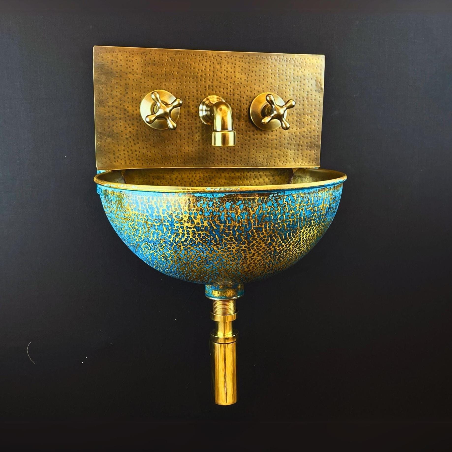 Green Patina Brass Wall Mount Sink: Handcrafted Rustic Bathroom Fixture - Mettlemix