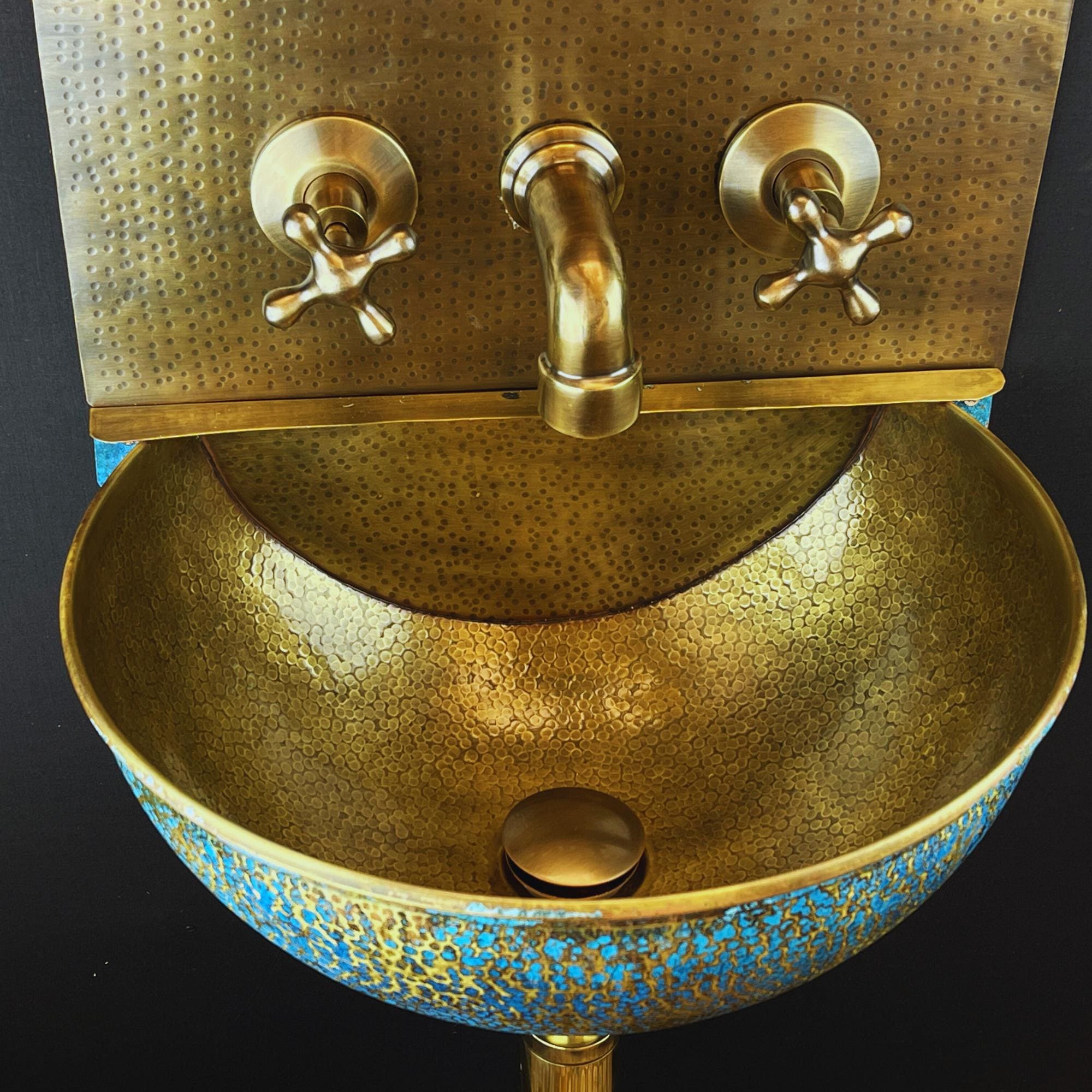 Green Patina Brass Wall Mount Sink: Handcrafted Rustic Bathroom Fixture - Mettlemix