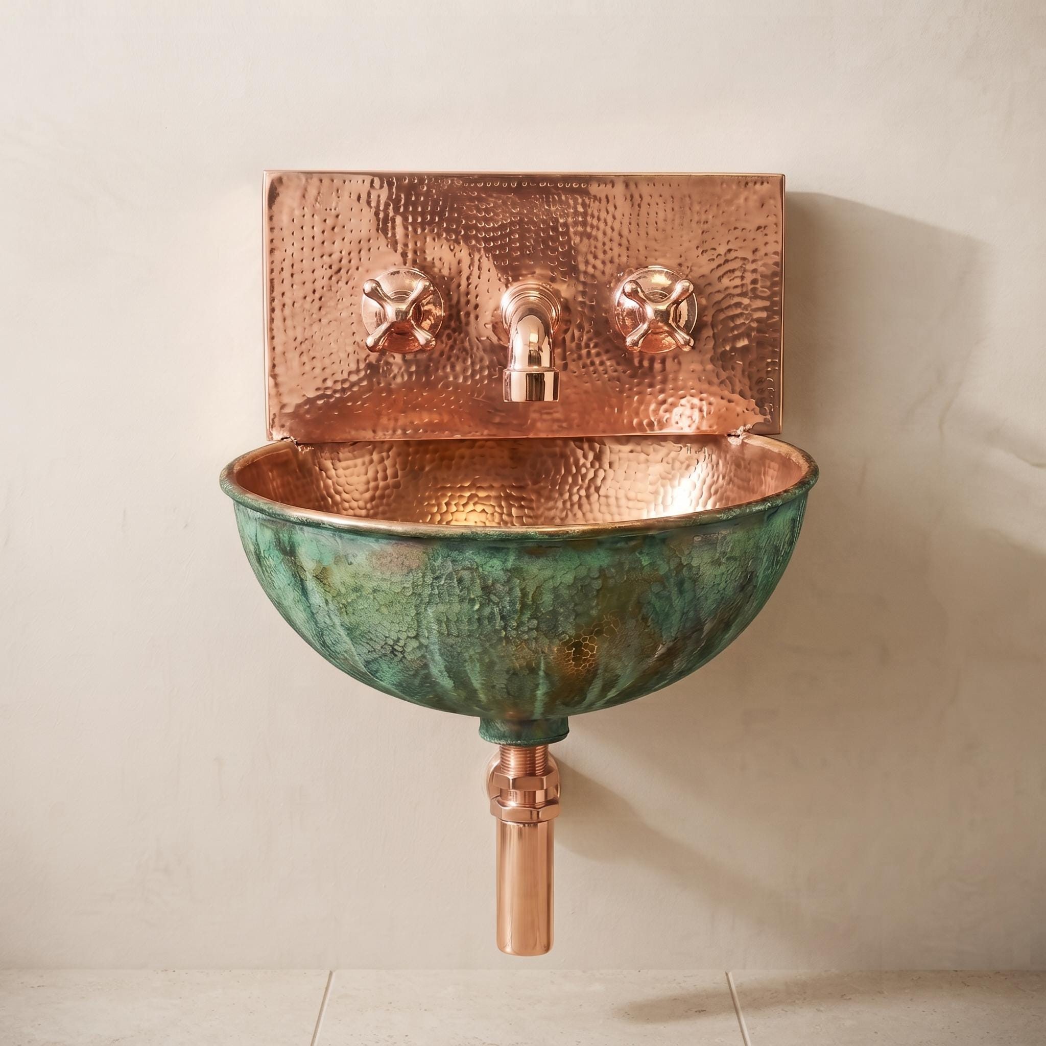 Green Patina copper Wall Mount Sink: Handcrafted Rustic Bathroom Fixture - Mettlemix