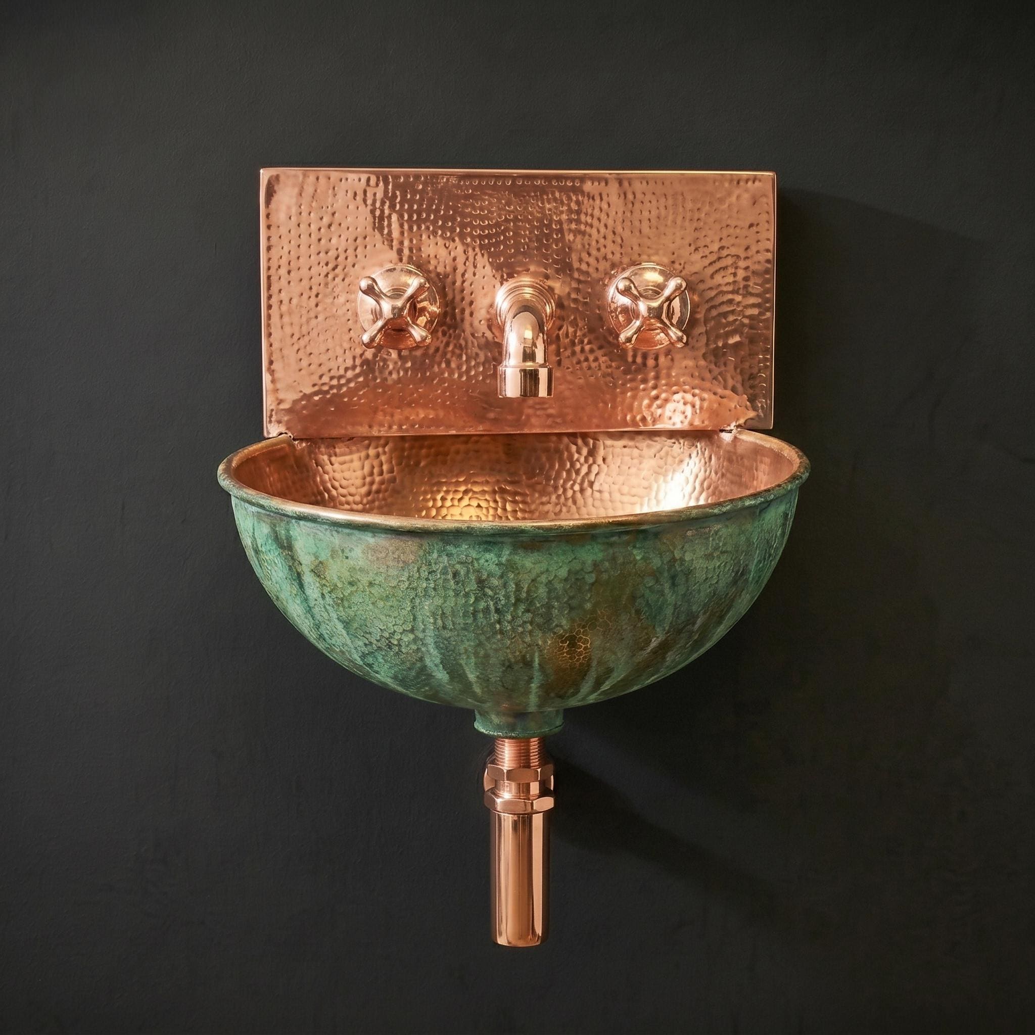 Green Patina copper Wall Mount Sink: Handcrafted Rustic Bathroom Fixture - Mettlemix