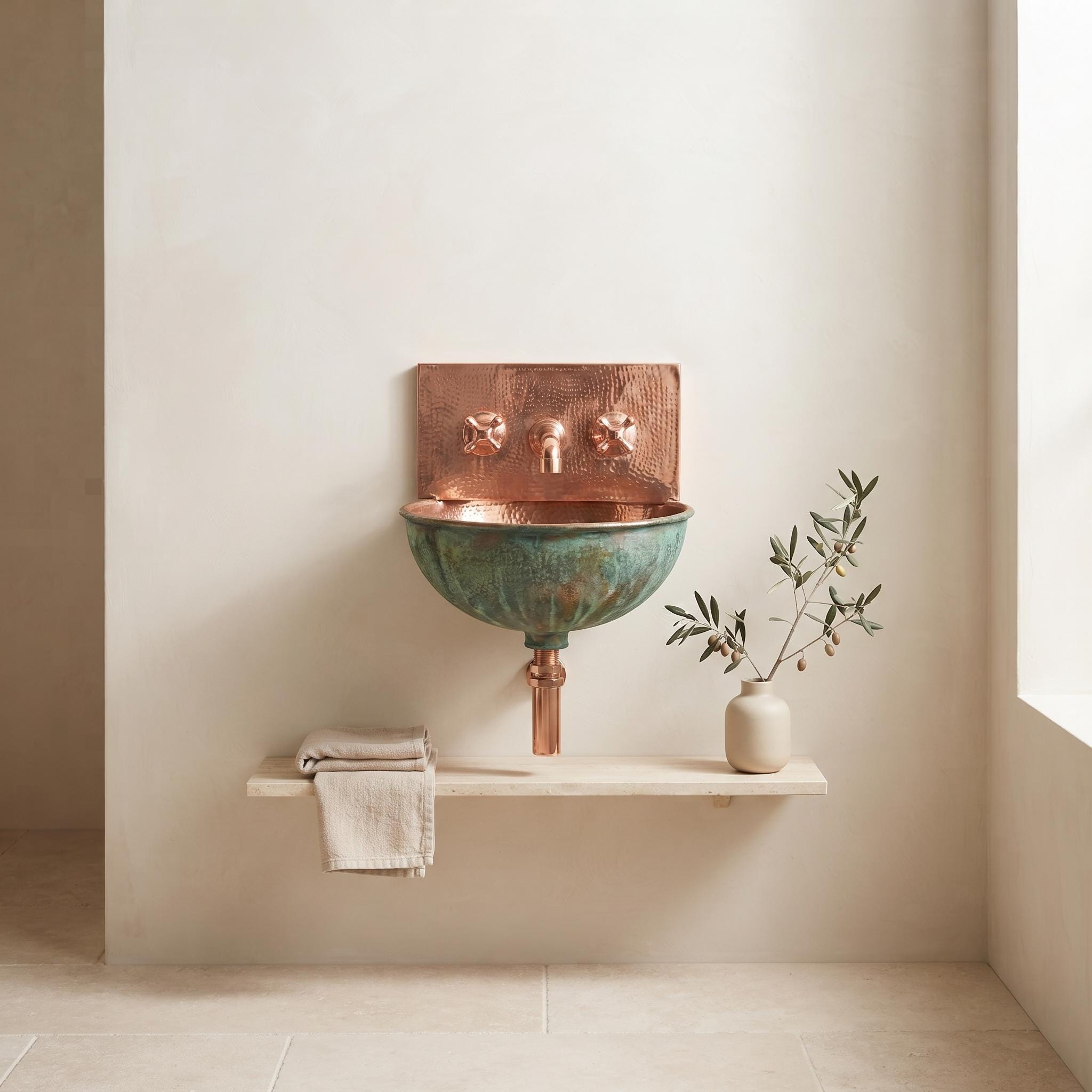 Green Patina copper Wall Mount Sink: Handcrafted Rustic Bathroom Fixture - Mettlemix