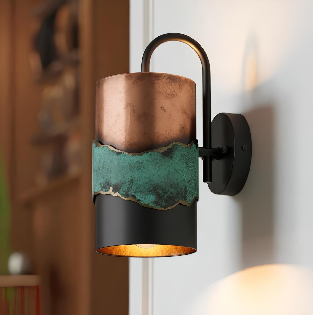 Green Patina Copper Wall Sconce - Rustic Cylinder Outdoor Light - Mettlemix