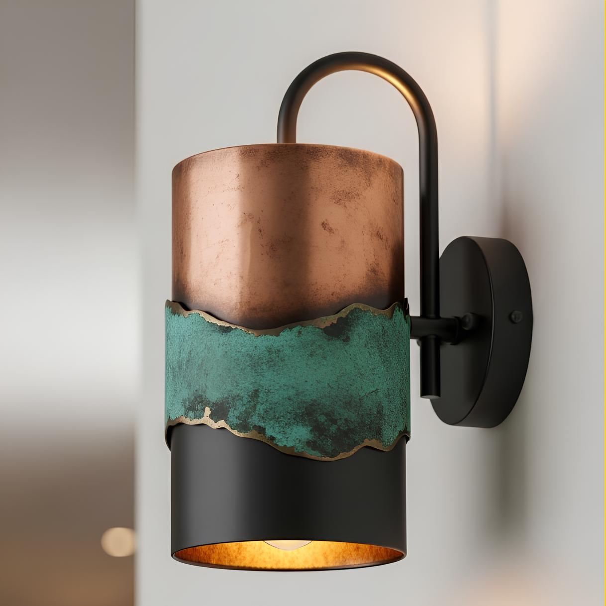 Green Patina Copper Wall Sconce - Rustic Cylinder Outdoor Light - Mettlemix