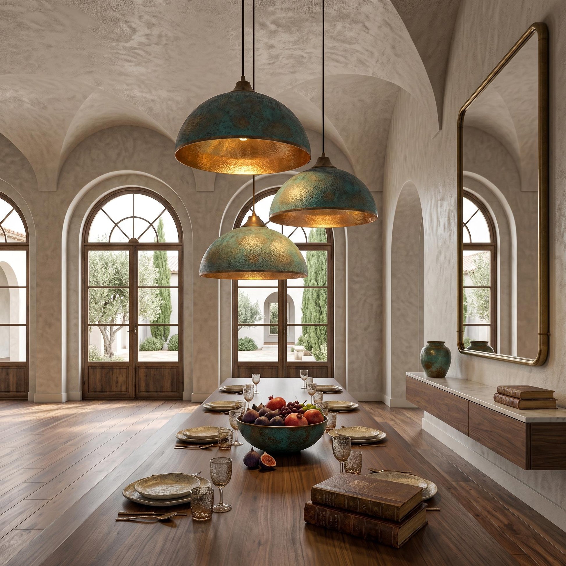 Hammered Brass Dome Pendant Light - green patina Industrial Ceiling Lamp - Mettlemix