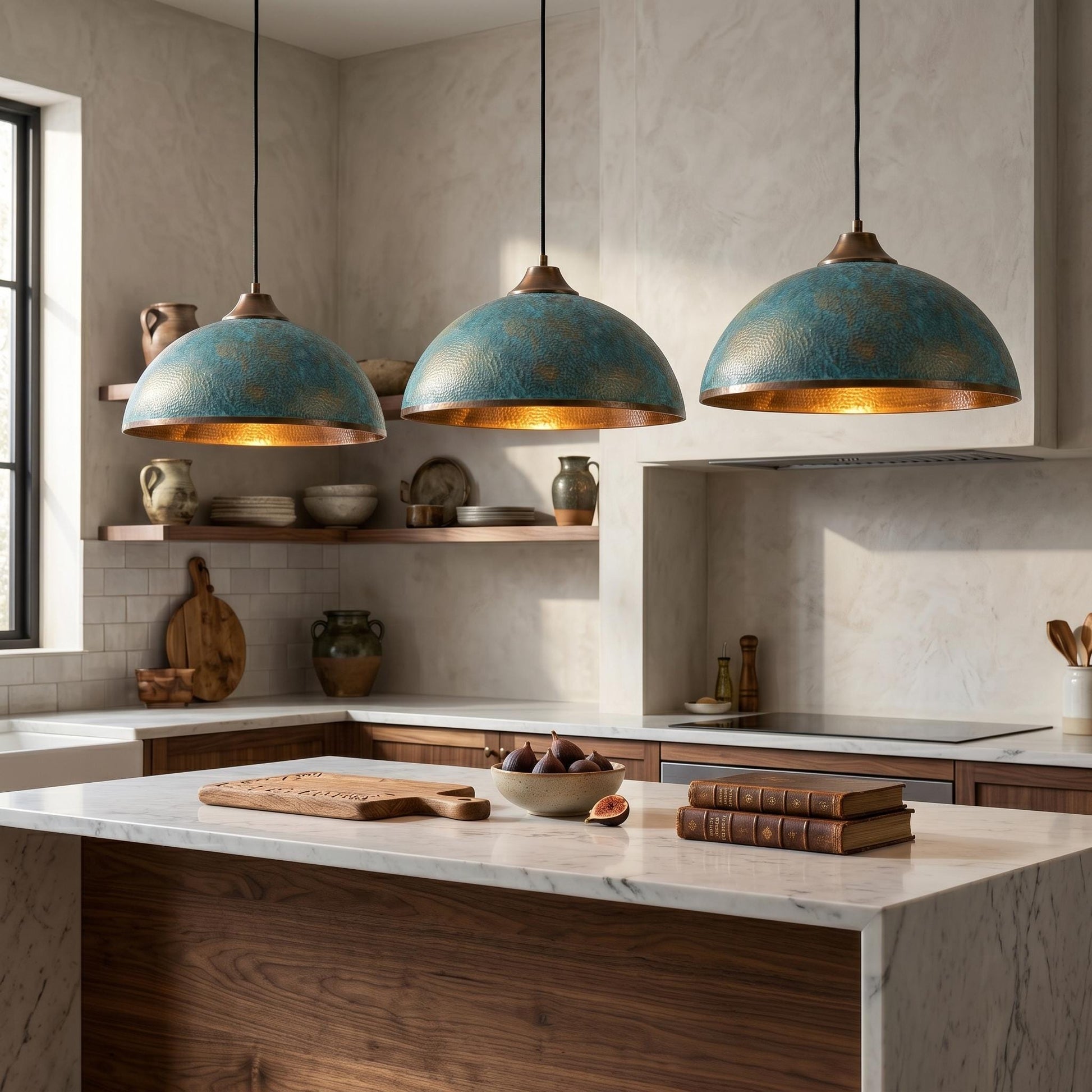 Hammered Brass Dome Pendant Light - green patina Industrial Ceiling Lamp - Mettlemix